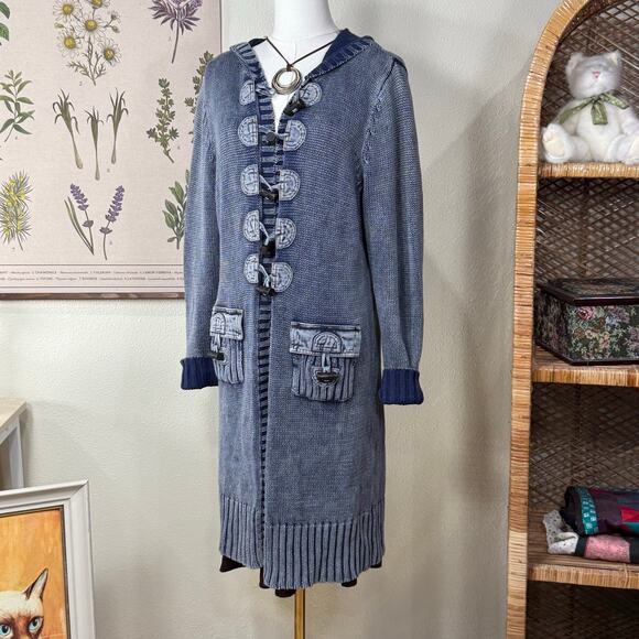 Y2k Knit Toggle Button Hooded Cardigan Duster Sweater Lagenlook Fairy Grunge L - Picture 1 of 9
